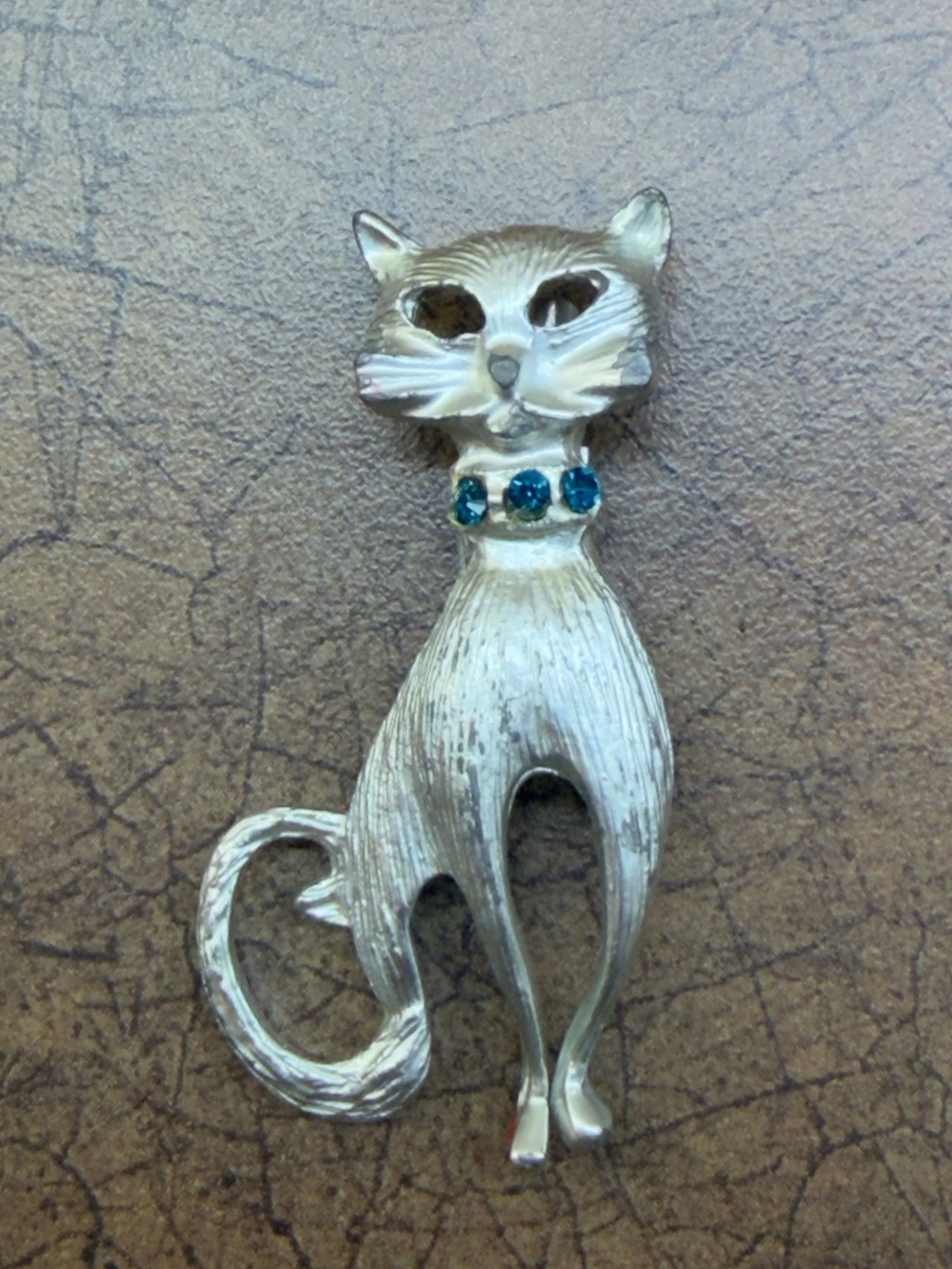 Silver Cat Brooch with Teal Gem Collar - Unbranded
